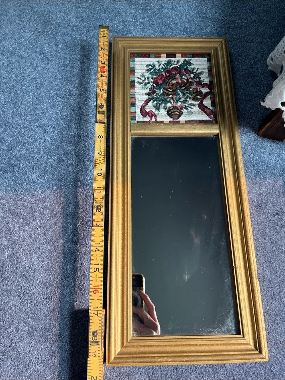Gold Framed Wall Mirror with Floral Needlepoint Tapestry Accent